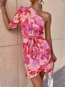 SHEIN Essnce Floral Print Belted One Shoulder Dress - Multicolor - View 4
