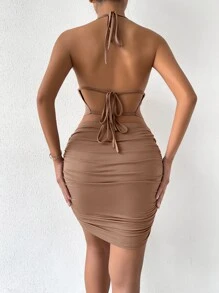 Chiquease Draped Backless Halter Top & Ruched Bodycon Skirt - Mocha Brown - View 2