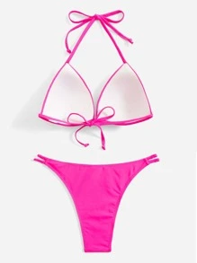 Neon Pink Tie Back Push Up Bikini - Hot Pink - View 2