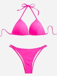 Neon Pink Tie Back Push Up Bikini - Hot Pink - View 1