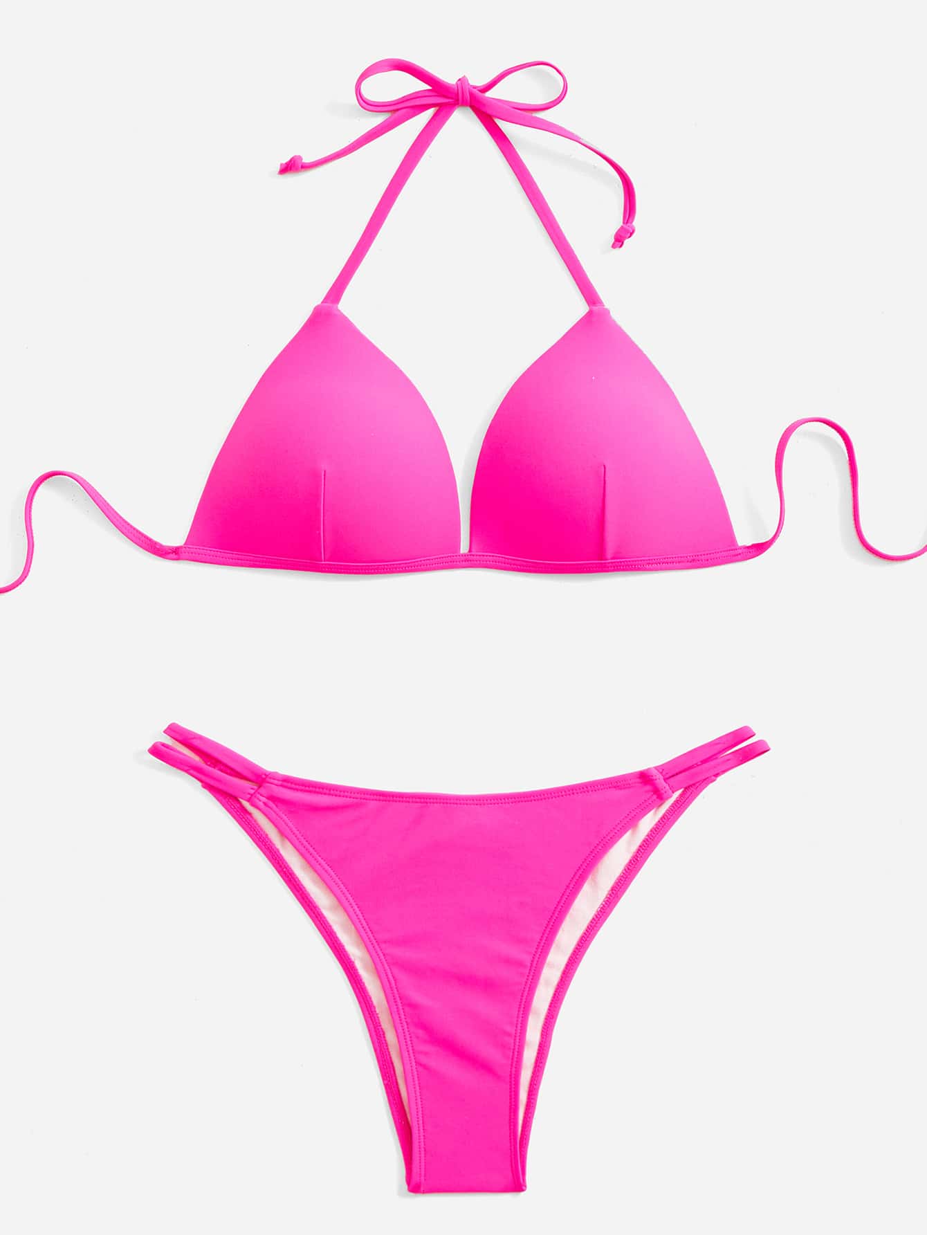 Neon Pink Tie Back Push Up Bikini - Hot Pink - View 1