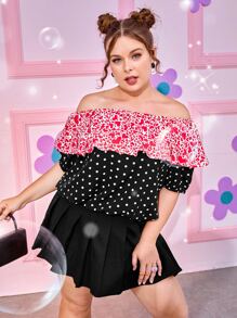 Blusa de lunares & con estampado de corazón de hombros descubiertos ribete con fruncido - Multicolor - Ver 1