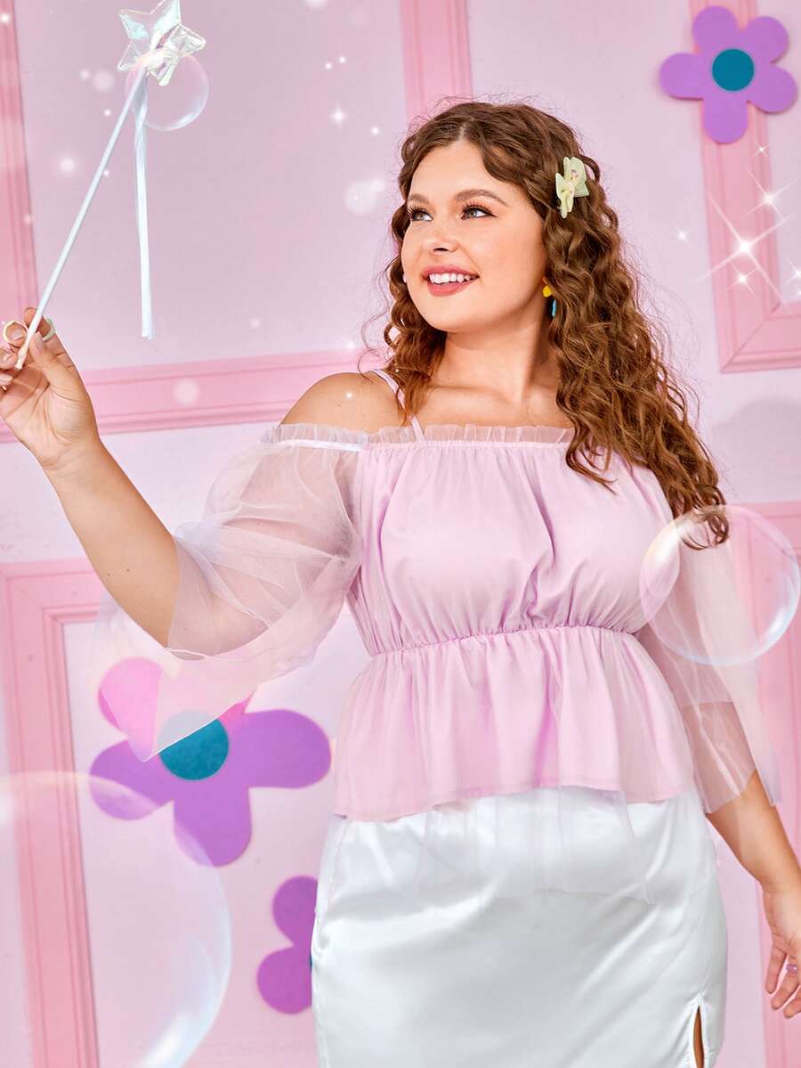 Plus Cold Shoulder Frill Trim Contrast Mesh Peplum Blouse - Baby Pink - View 1