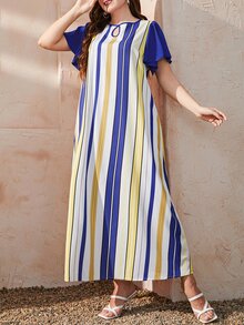 Mulvari Vestido túnico de rayas combinadas clave cuello de manga con volante - Multicolor - Ver 3