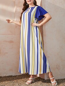 Mulvari Vestido túnico de rayas combinadas clave cuello de manga con volante - Multicolor - Ver 5