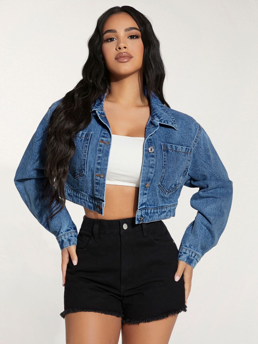 SHEIN PETITE Pocket Patched Crop Denim Jacket - Medium Wash - View 1