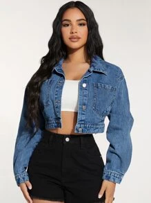 SHEIN PETITE Pocket Patched Crop Denim Jacket - Medium Wash - View 4