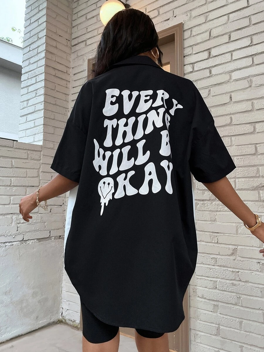 Áo sơ mi nữ Nút phía trước Hoạt hình Slogan Giải trí - Đen và trắng - Xem 1