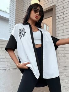 Áo sơ mi nữ Nút phía trước Hoạt hình Slogan Giải trí - Đen và trắng - Xem 3