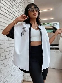 Áo sơ mi nữ Nút phía trước Hoạt hình Slogan Giải trí - Đen và trắng - Xem 5