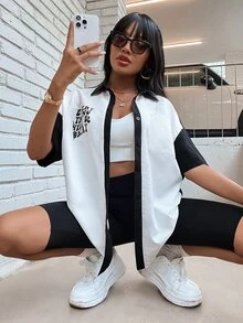 Áo sơ mi nữ Nút phía trước Hoạt hình Slogan Giải trí - Đen và trắng - Xem 6