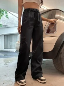 SHEIN Unity 扣飾腰翻蓋口袋工裝褲 - 黑色 - 查看 4