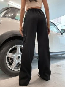 SHEIN Unity 扣飾腰翻蓋口袋工裝褲 - 黑色 - 查看 3