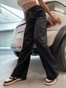 SHEIN Unity 扣飾腰翻蓋口袋工裝褲 - 黑色 - 查看 6