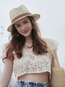 LEAJOURNO. Tape Decor Summer Beach Straw Hat - Khaki - View 12