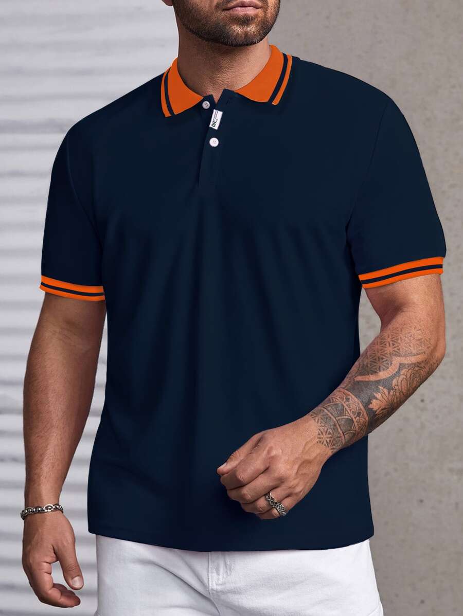 Manfinity Homme Men Plus Striped Trim Polo Shirt - Navy Blue - View 1