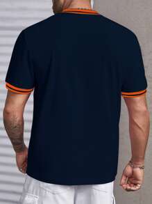 Manfinity Homme Men Plus Striped Trim Polo Shirt - Navy Blue - View 2