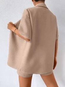 SHEIN Unity Bộ đồ hai mảnh nữ Túi Nút phía trước màu trơn Giải trí - Màu be - Xem 2