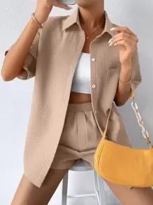 SHEIN Unity Bộ đồ hai mảnh nữ Túi Nút phía trước màu trơn Giải trí - Màu be - Xem 3