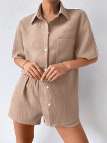 SHEIN Unity Bộ đồ hai mảnh nữ Túi Nút phía trước màu trơn Giải trí - Màu be - Xem 4