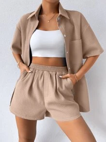 SHEIN Unity Bộ đồ hai mảnh nữ Túi Nút phía trước màu trơn Giải trí - Màu be - Xem 5