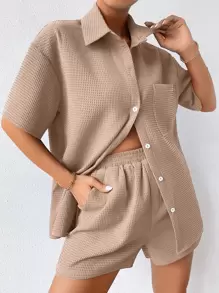 SHEIN Unity Bộ đồ hai mảnh nữ Túi Nút phía trước màu trơn Giải trí - Màu be - Xem 6