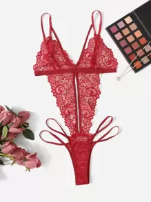 Floral Lace Cut-Out Teddy Bodysuit Lingerie - Burgundy - View 1