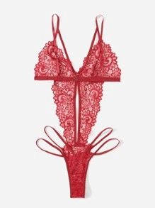 Floral Lace Cut-Out Teddy Bodysuit Lingerie - Burgundy - View 2