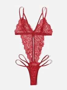 Floral Lace Cut-Out Teddy Bodysuit Lingerie - Burgundy - View 3