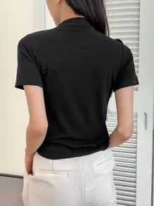 DAZY Solid Stand Collar Tee Preppy Tops - Black - View 2