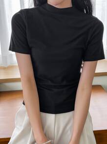 DAZY Solid Stand Collar Tee Preppy Tops - Black - View 4