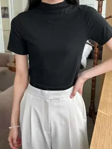 DAZY Solid Stand Collar Tee Preppy Tops - Black - View 5