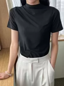 DAZY Solid Stand Collar Tee Preppy Tops - Black - View 6