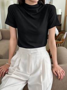 DAZY Solid Stand Collar Tee Preppy Tops - Black - View 8