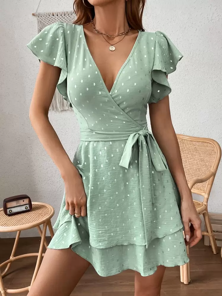 Robe Longue Maxi Fleurie à Pois Vert – Taille 0XL/44 – Tulle Et Volants