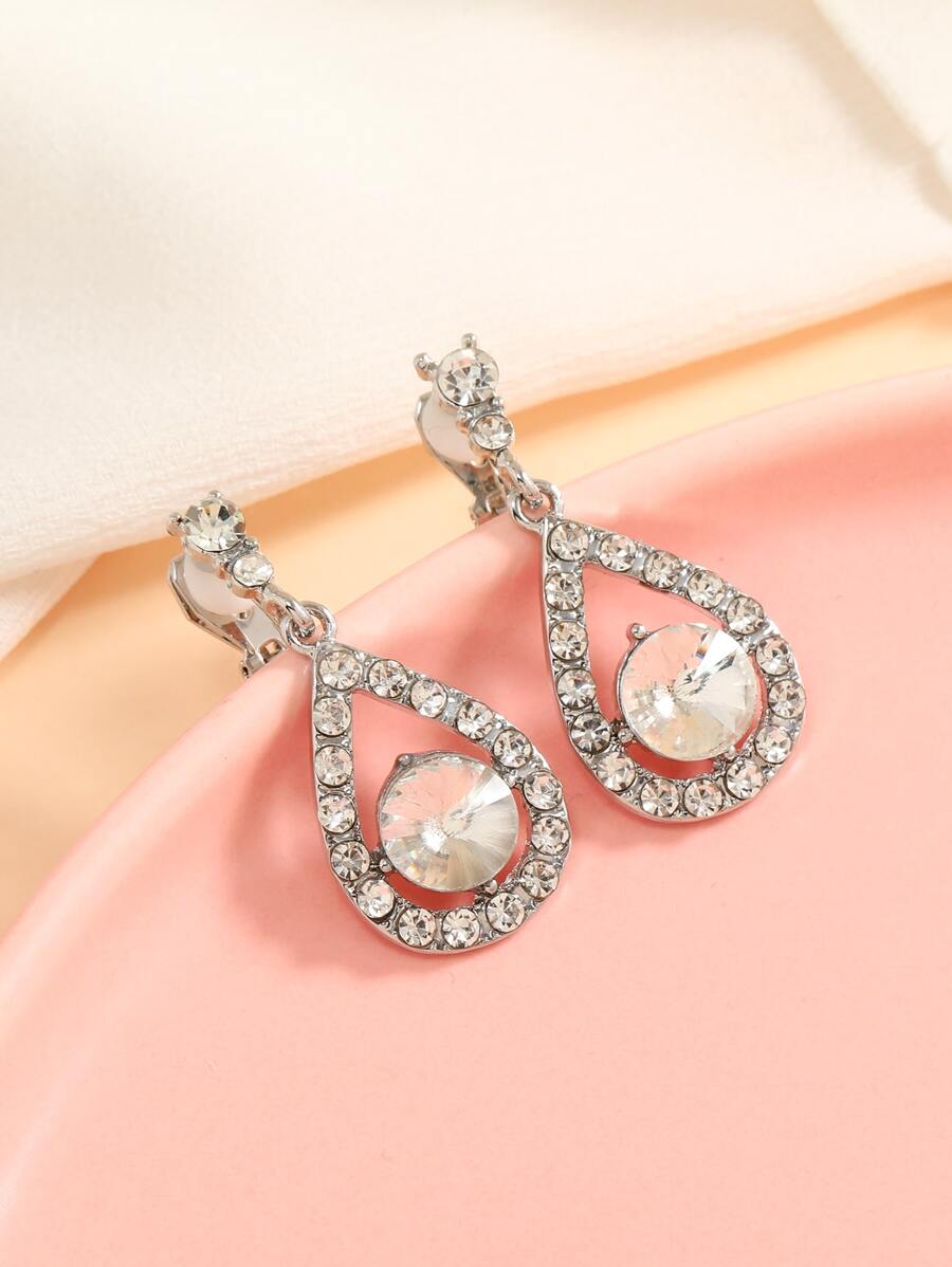 Rhinestone Kẹp giọt nước trên bông tai - Bạc - Xem 1