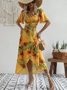 SHEIN VCAY Tropical Print Crop Top & Wrap Skirt - Yellow - View 3