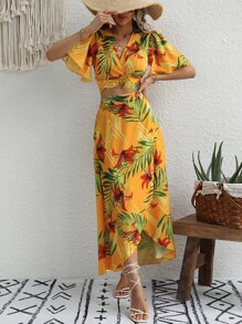 SHEIN VCAY Tropical Print Crop Top & Wrap Skirt - Yellow - View 5