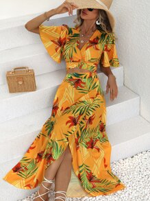 SHEIN VCAY Tropical Print Crop Top & Wrap Skirt - Yellow - View 6