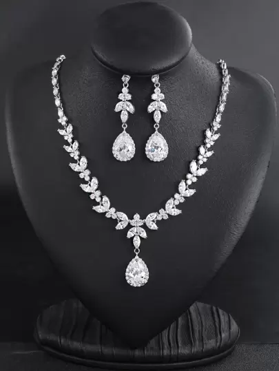 3pcs/set Cubic Zirconia Water-drop Decor Jewelry Set
