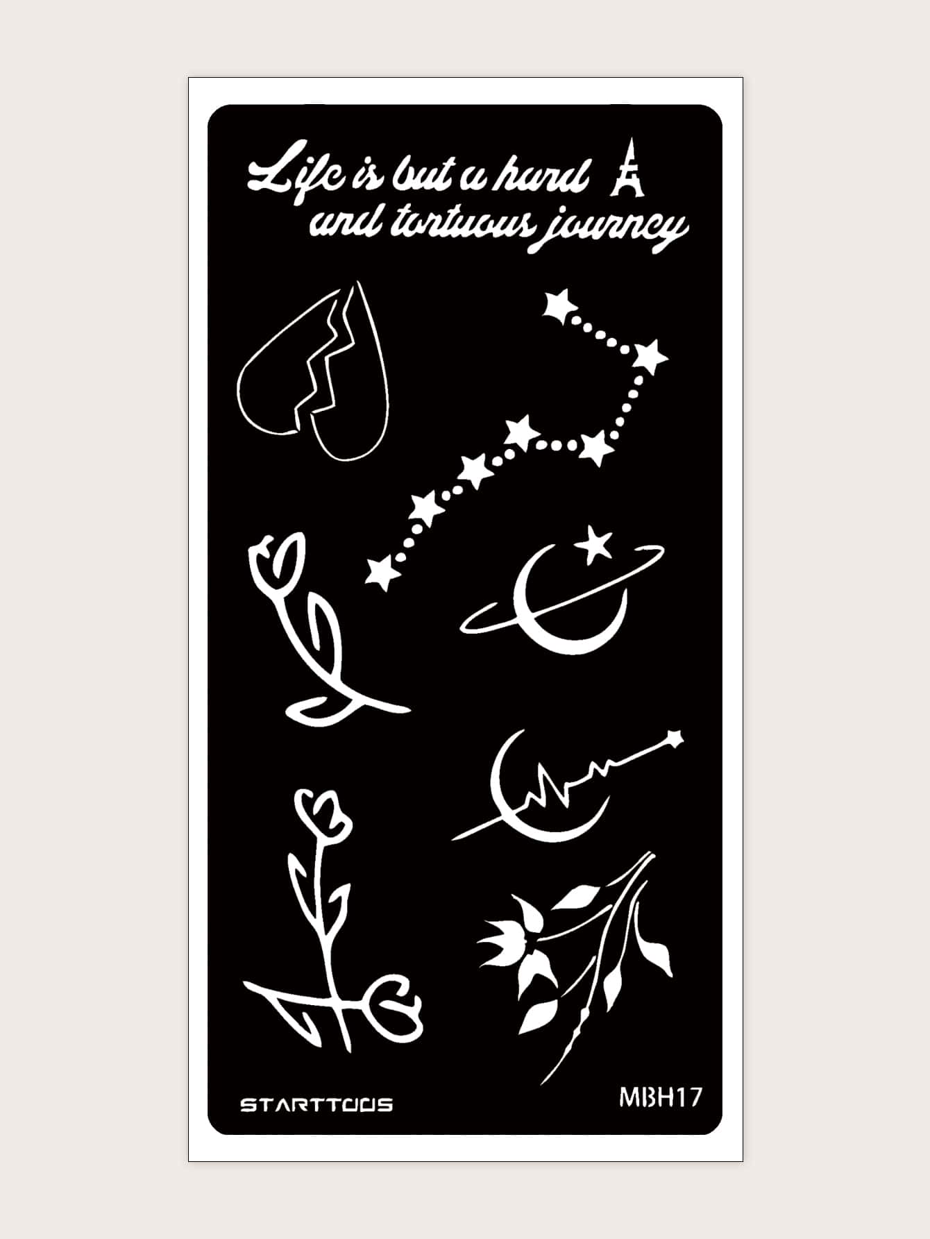 1 hoja Plantilla de tatuaje con estampado de luna y estrella - Negro - Ver 1