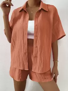 SHEIN Unity Solid Drop Shoulder Shirt & Shorts Set - Burnt Orange - View 1