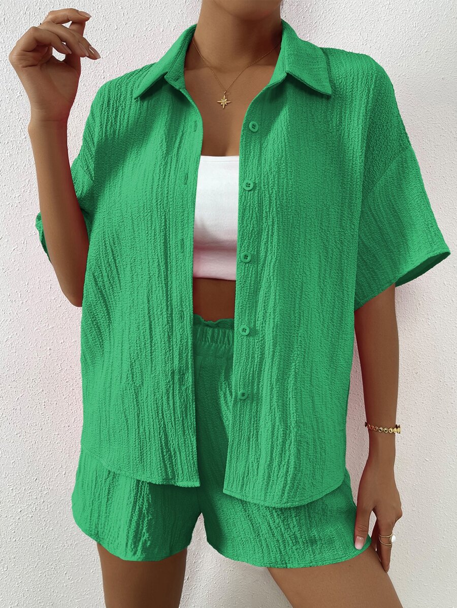 Flirla Solid Drop Shoulder Shirt & Shorts Set - Green - View 1