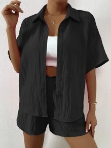 Flirla 素色落肩袖上衣和短褲套裝