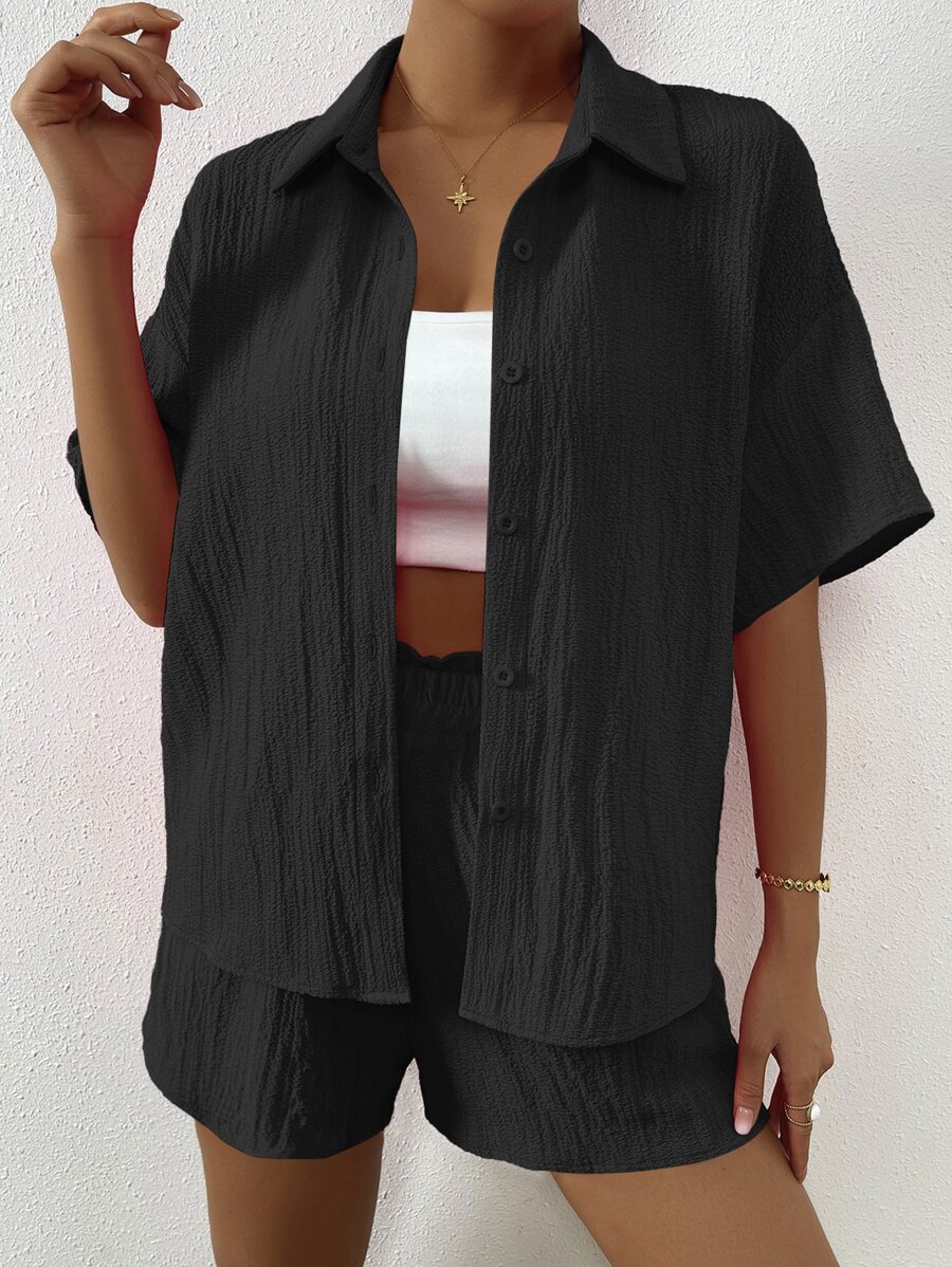 Flirla 素色落肩袖上衣和短褲套裝