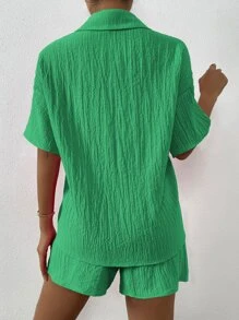 Flirla Solid Drop Shoulder Shirt & Shorts Set - Green - View 2