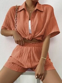 SHEIN Unity Solid Drop Shoulder Shirt & Shorts Set - Burnt Orange - View 3