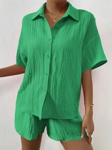 Flirla Solid Drop Shoulder Shirt & Shorts Set - Green - View 3