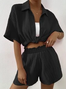 Flirla 素色落肩袖上衣和短褲套裝