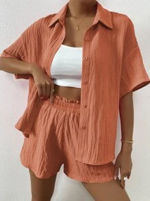 SHEIN Unity Solid Drop Shoulder Shirt & Shorts Set - Burnt Orange - View 4